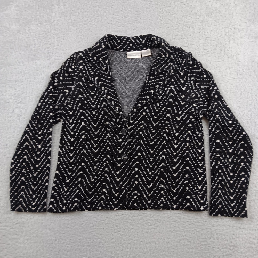 Worthington Cardigan Sweater Women XL Black White Chevron Zig Zag Notch Lapel